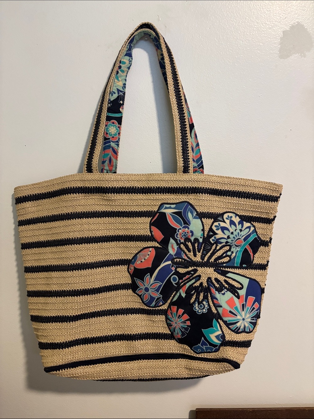 Vera Bradley Navy & Natural Striped Straw Tote with Floral Applique